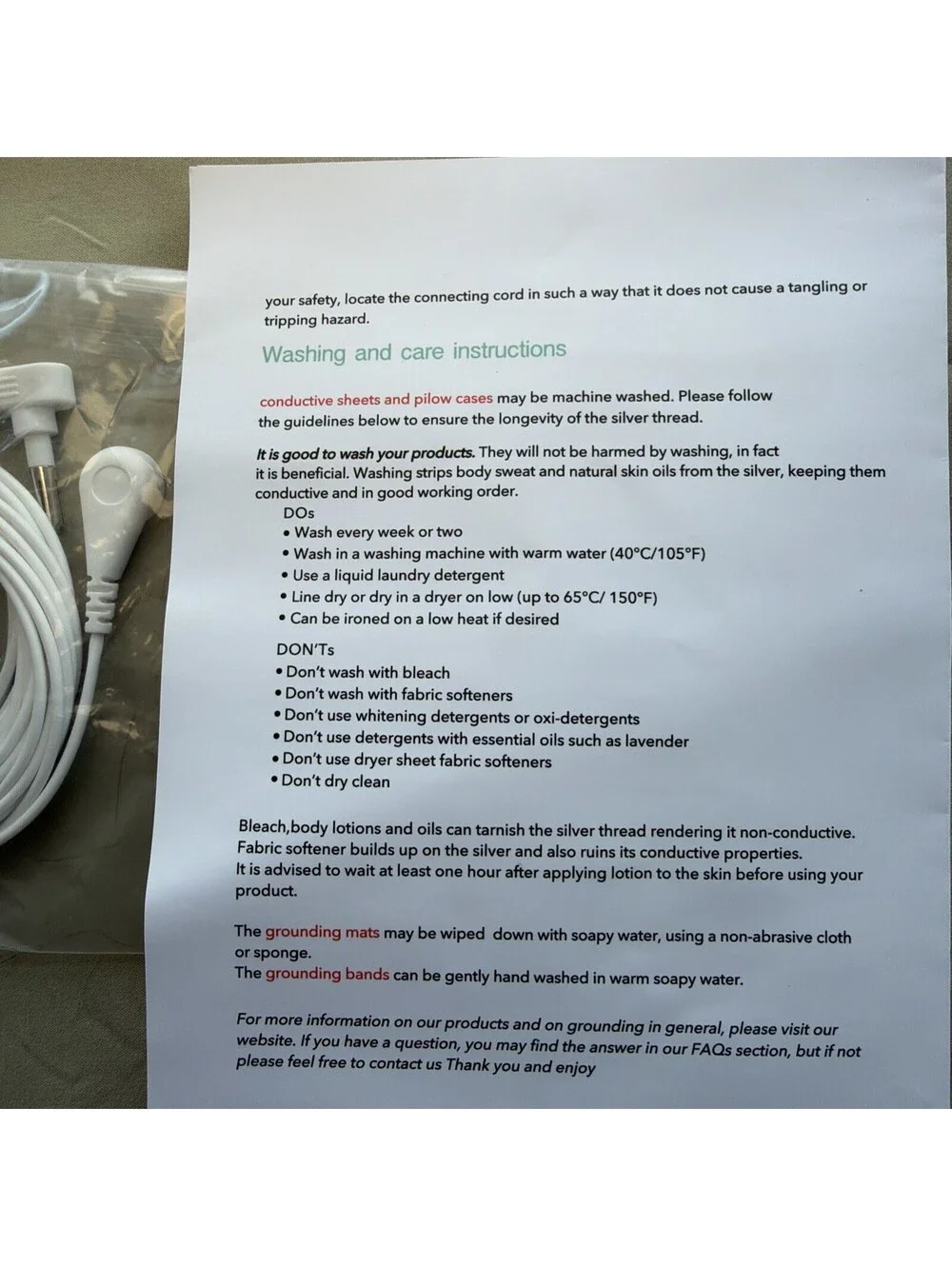 10% Conductive Silver Fiber Organic Cotton Grounding Sheet Queen with 15ft Cable